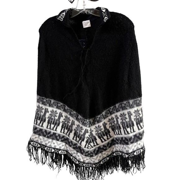 Alpaca Fringe Hem Poncho in Black and White One Size - Picture 1 of 9